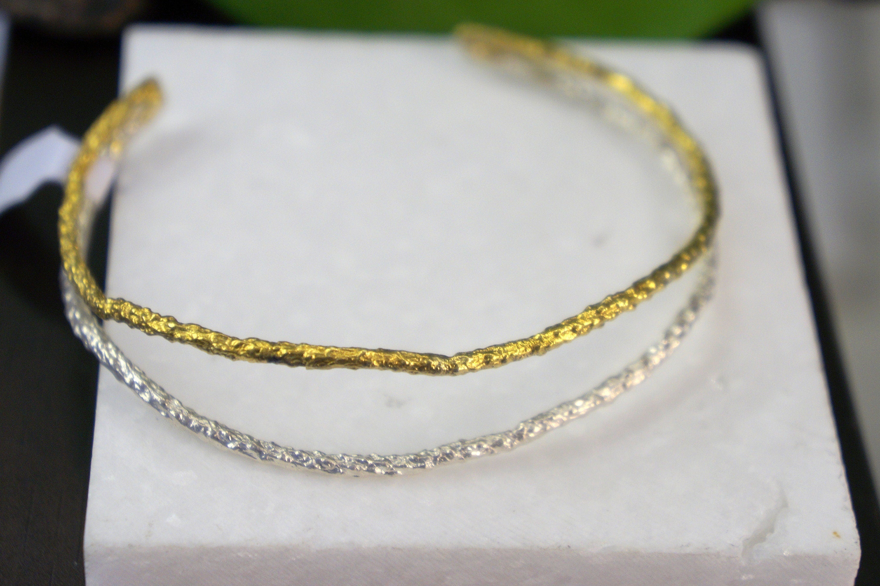 Real Pine Twig Gold Cuff Bracelet with Black Rhodium Detail, Handmade Nature Jewelry, Organic Forest Cuff, Unique Gift for Nature Lovers, Sterling Silver 925