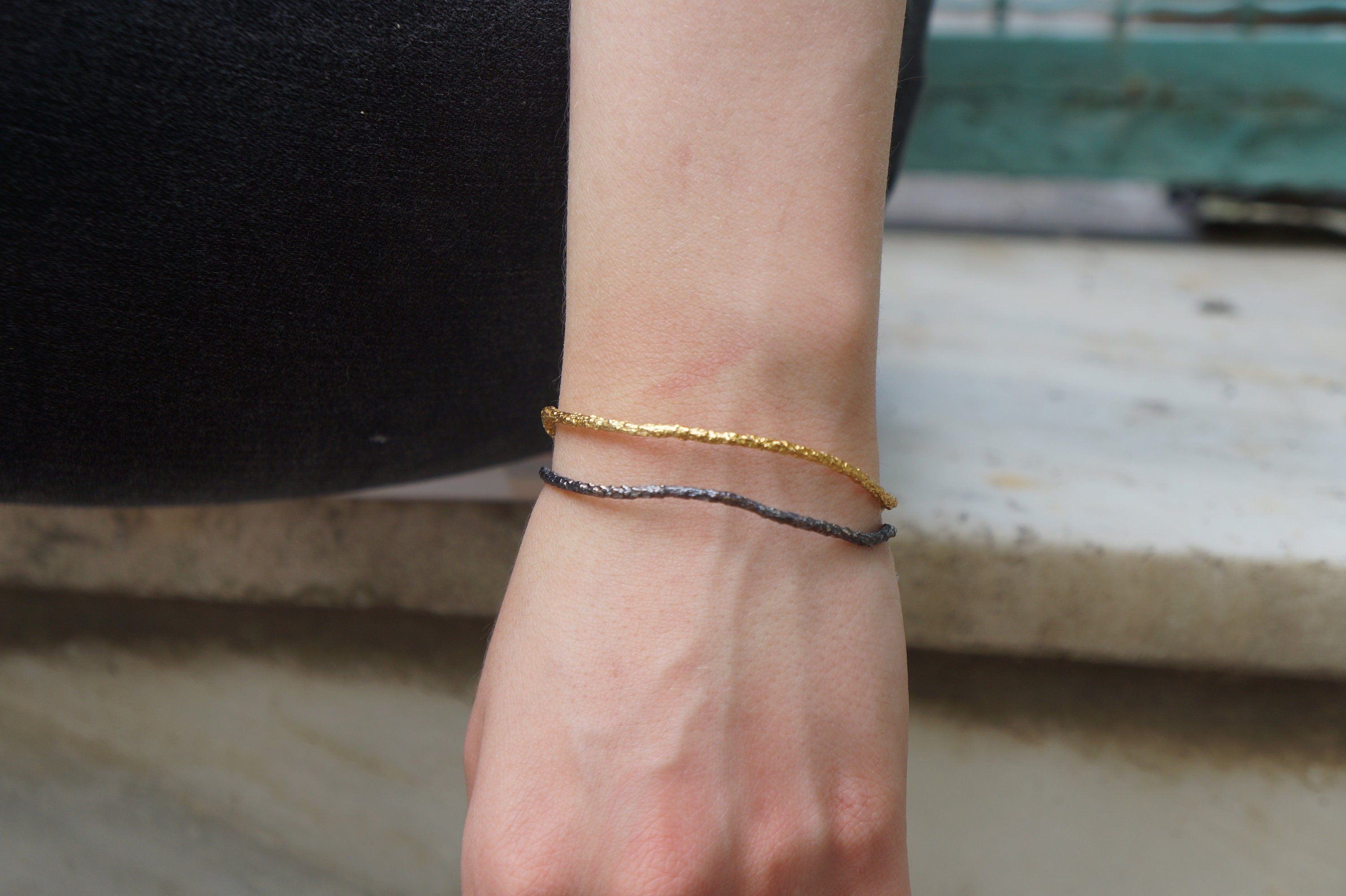 Real Pine Twig Gold Cuff Bracelet with Black Rhodium Detail, Handmade Nature Jewelry, Organic Forest Cuff, Unique Gift for Nature Lovers, Sterling Silver 925