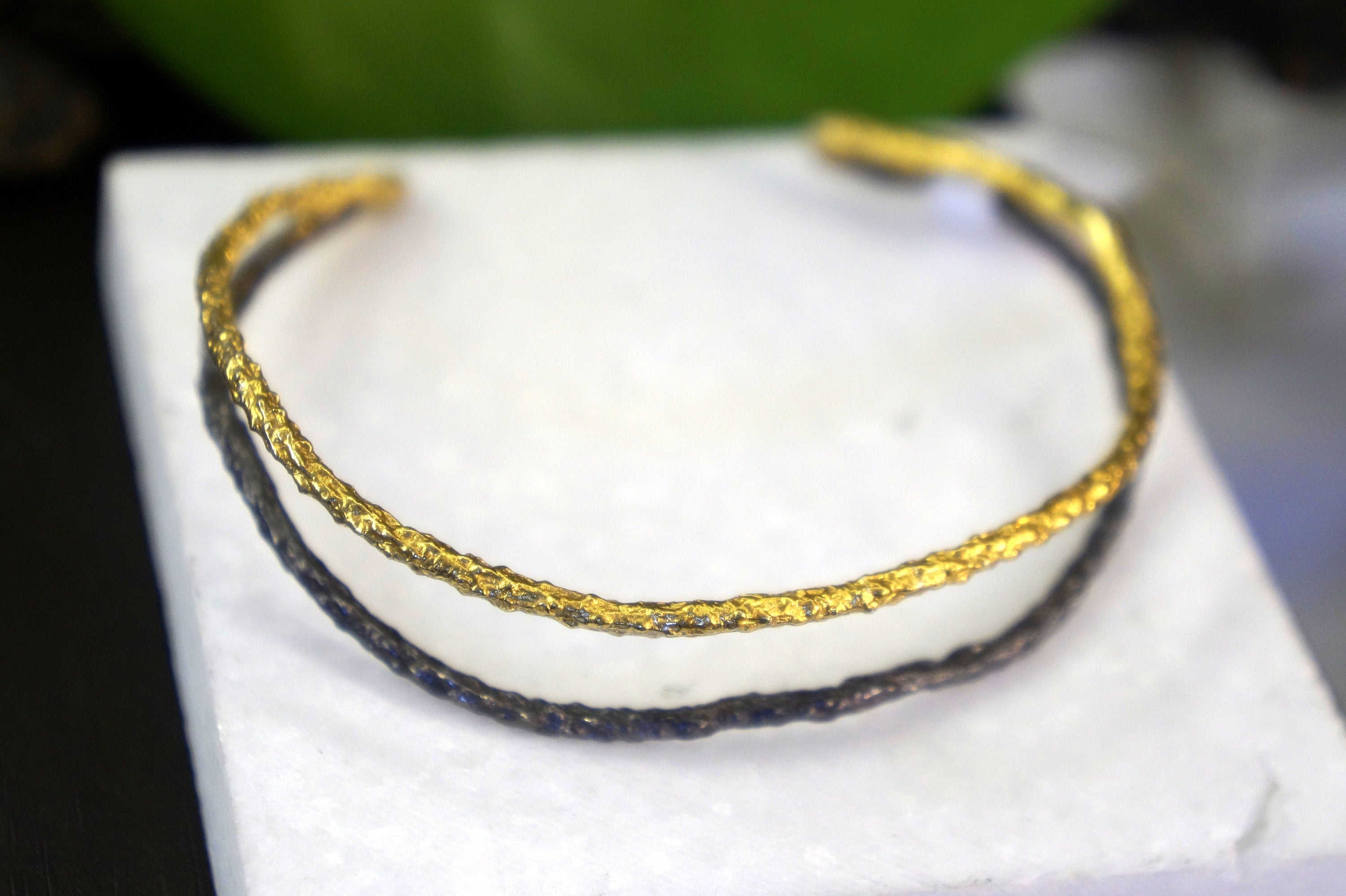 Real Pine Twig Gold Cuff Bracelet with Black Rhodium Detail, Handmade Nature Jewelry, Organic Forest Cuff, Unique Gift for Nature Lovers, Sterling Silver 925