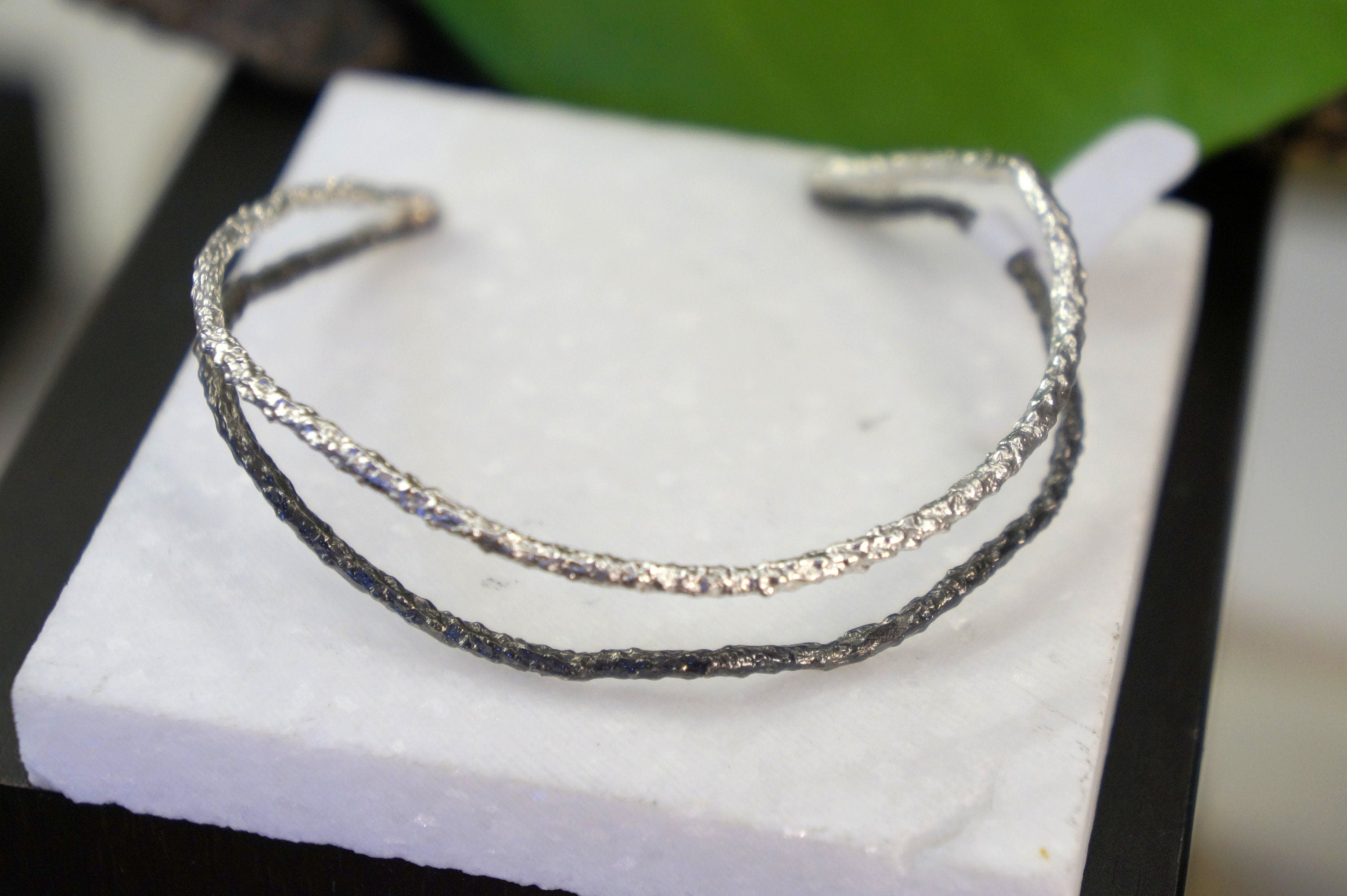 Real Pine Twig Gold Cuff Bracelet with Black Rhodium Detail, Handmade Nature Jewelry, Organic Forest Cuff, Unique Gift for Nature Lovers, Sterling Silver 925