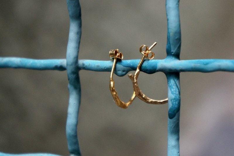 Real Olive Branch Gold Hoop Earrings, Handmade Nature Jewelry, Organic Botanical Hoops, Gift for Peace & Protection, 14K Gold Plated Sterling Silver 925
