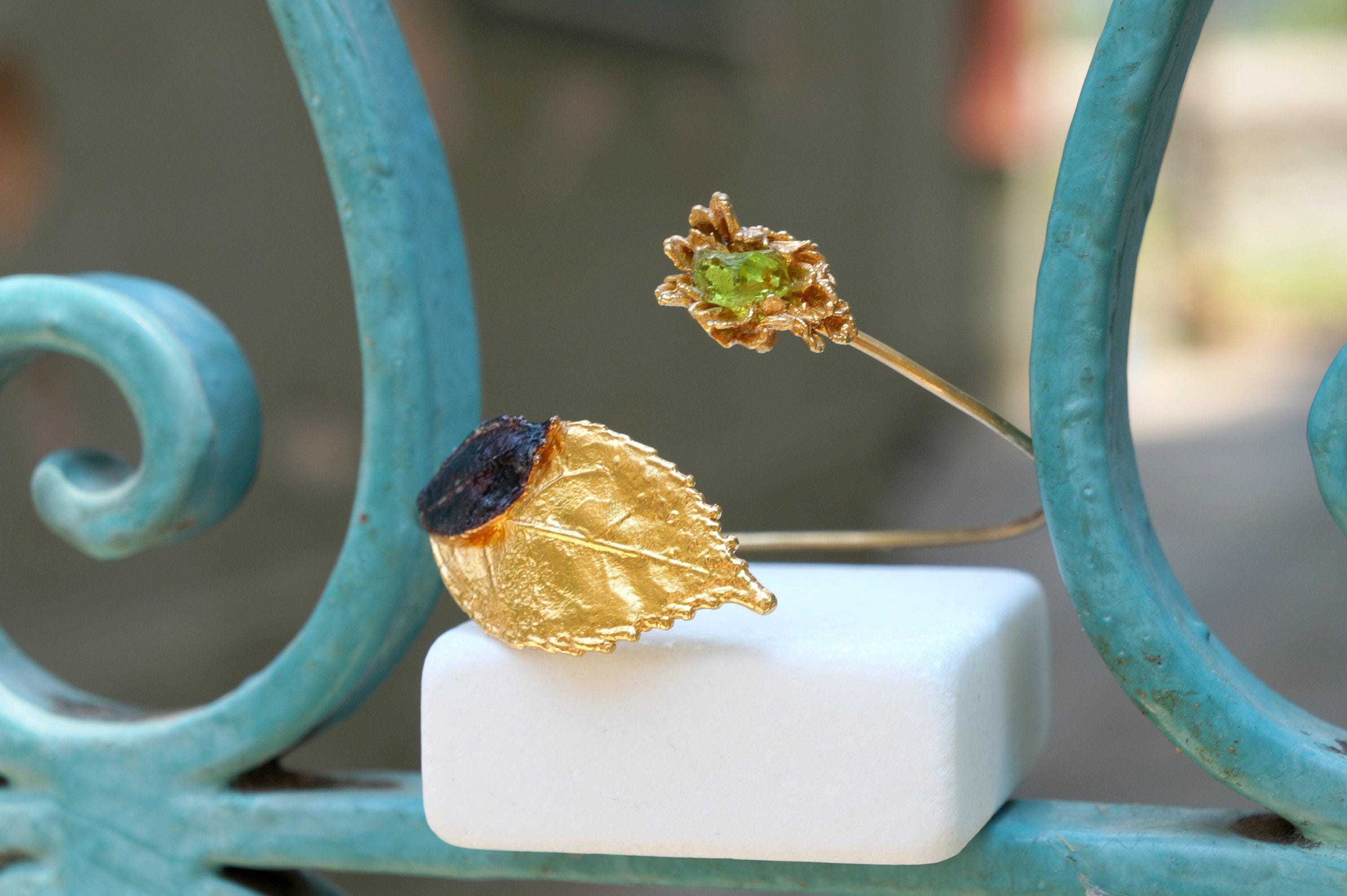 Real Leaf Gold Cuff Bracelet with Green Murano Glass, Handmade Nature Jewelry, Organic Forest Cuff, Gift for Healing & Patience, Sterling Silver 925