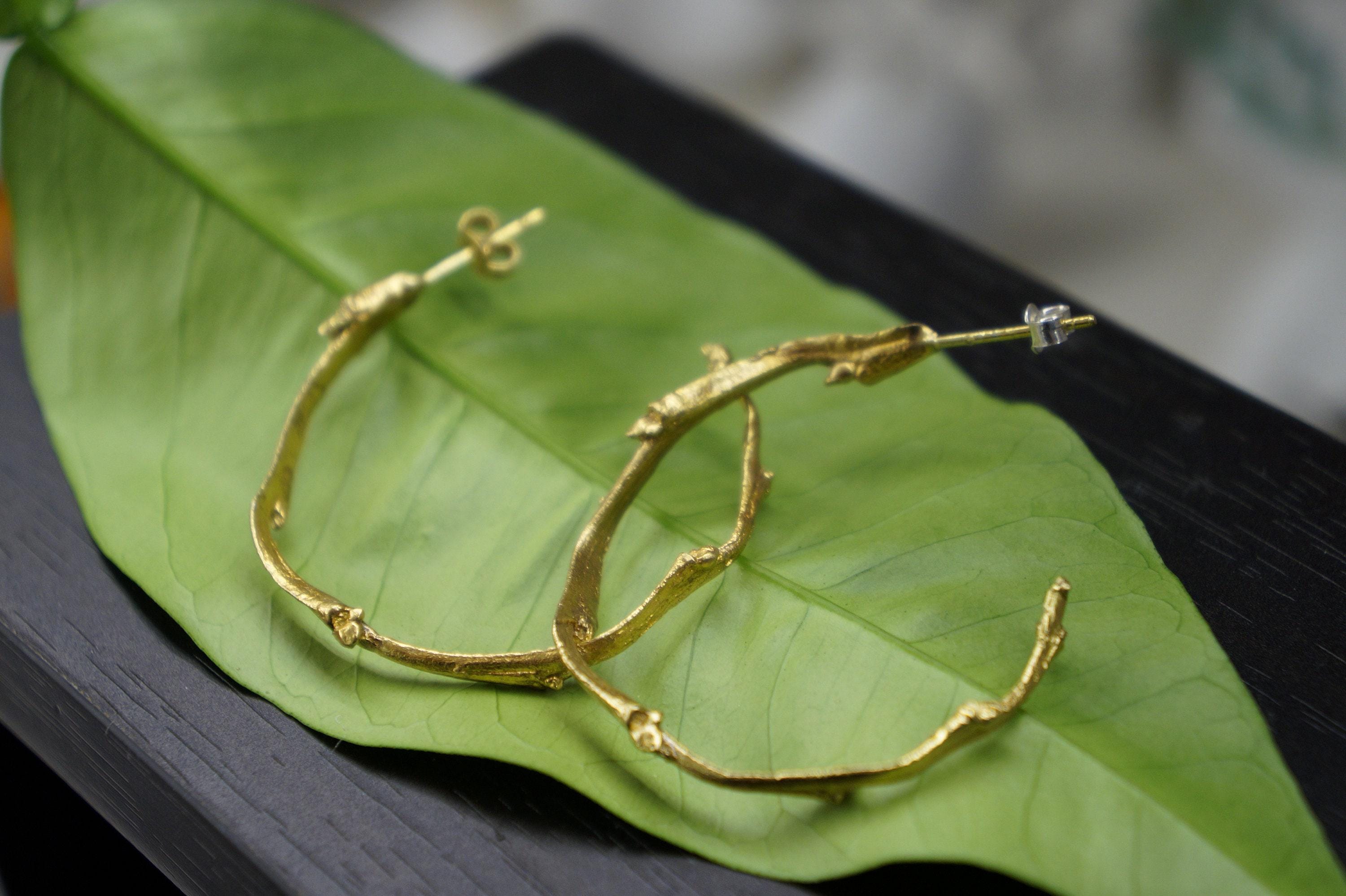 Real Olive Branch Gold Stud Earrings, Handmade Minimalist Jewelry, Organic Nature Studs, Gift for Peace & Protection, Gold or Sterling Silver 925