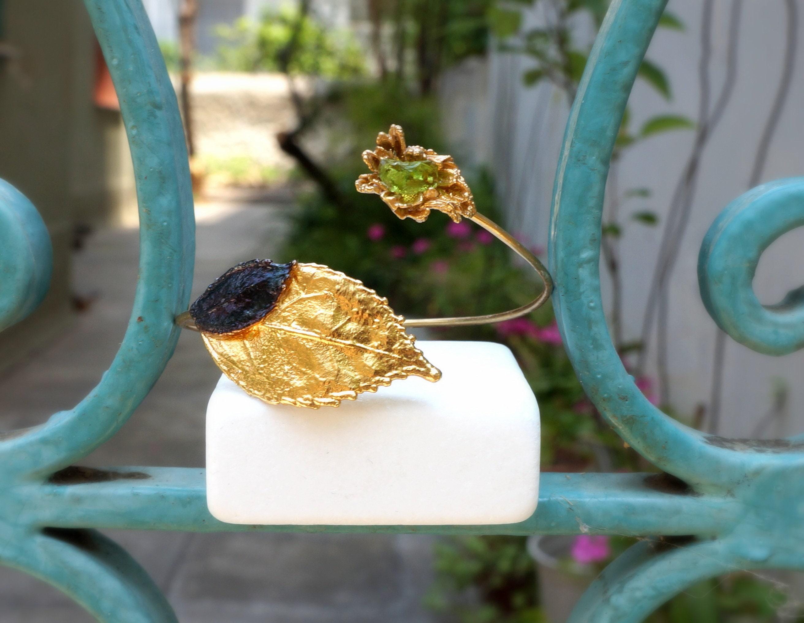 Real Leaf Gold Cuff Bracelet with Green Murano Glass, Handmade Nature Jewelry, Organic Forest Cuff, Gift for Healing & Patience, Sterling Silver 925