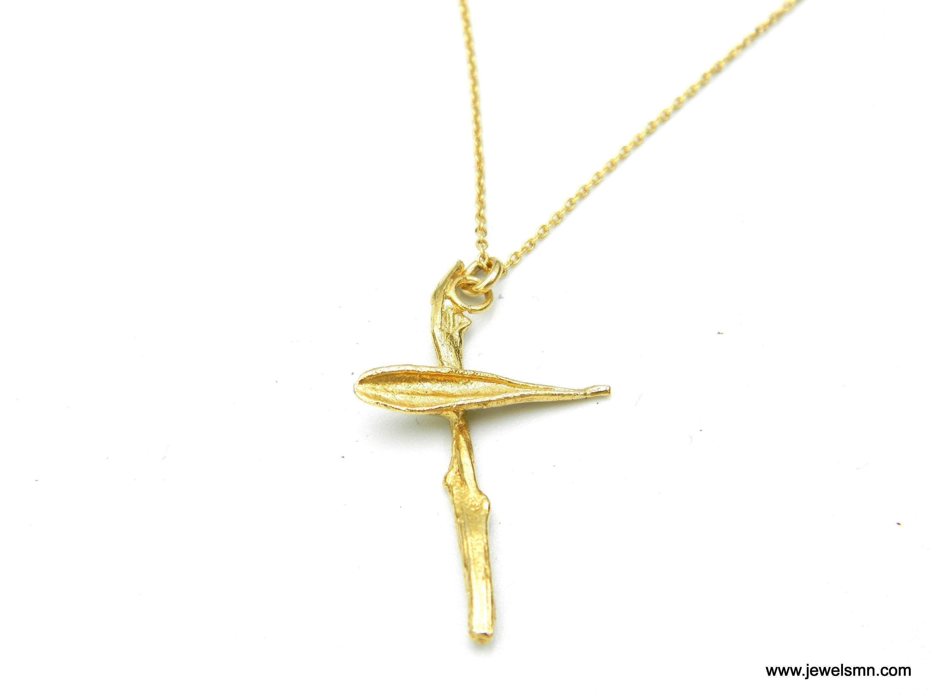 Solid Gold Cross necklace, European Handmade, meaningful religious jewelry, Olive Twig pendant, Modern cross aesthetic Gift