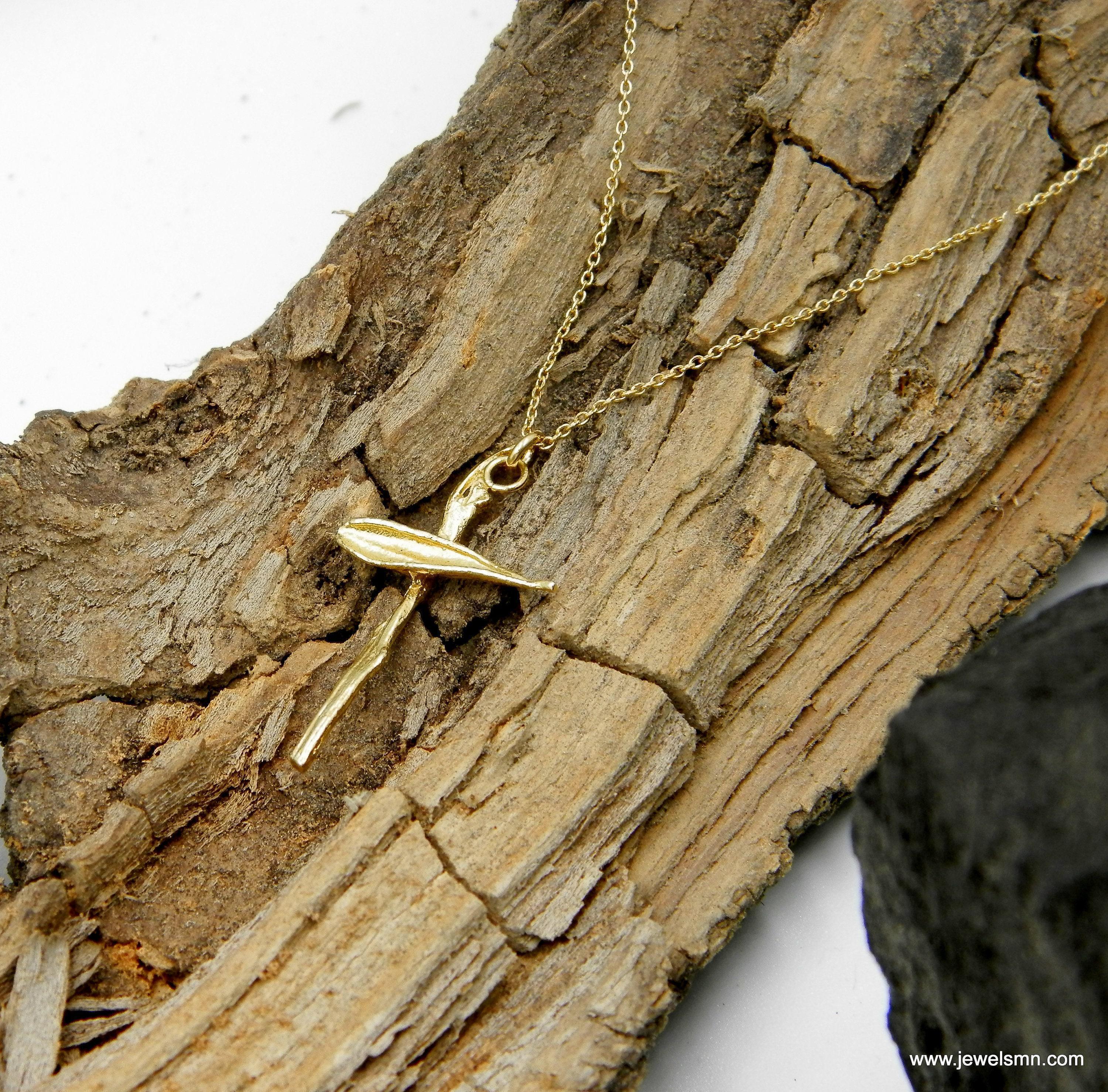 Solid Gold Cross necklace, European Handmade, meaningful religious jewelry, Olive Twig pendant, Modern cross aesthetic Gift