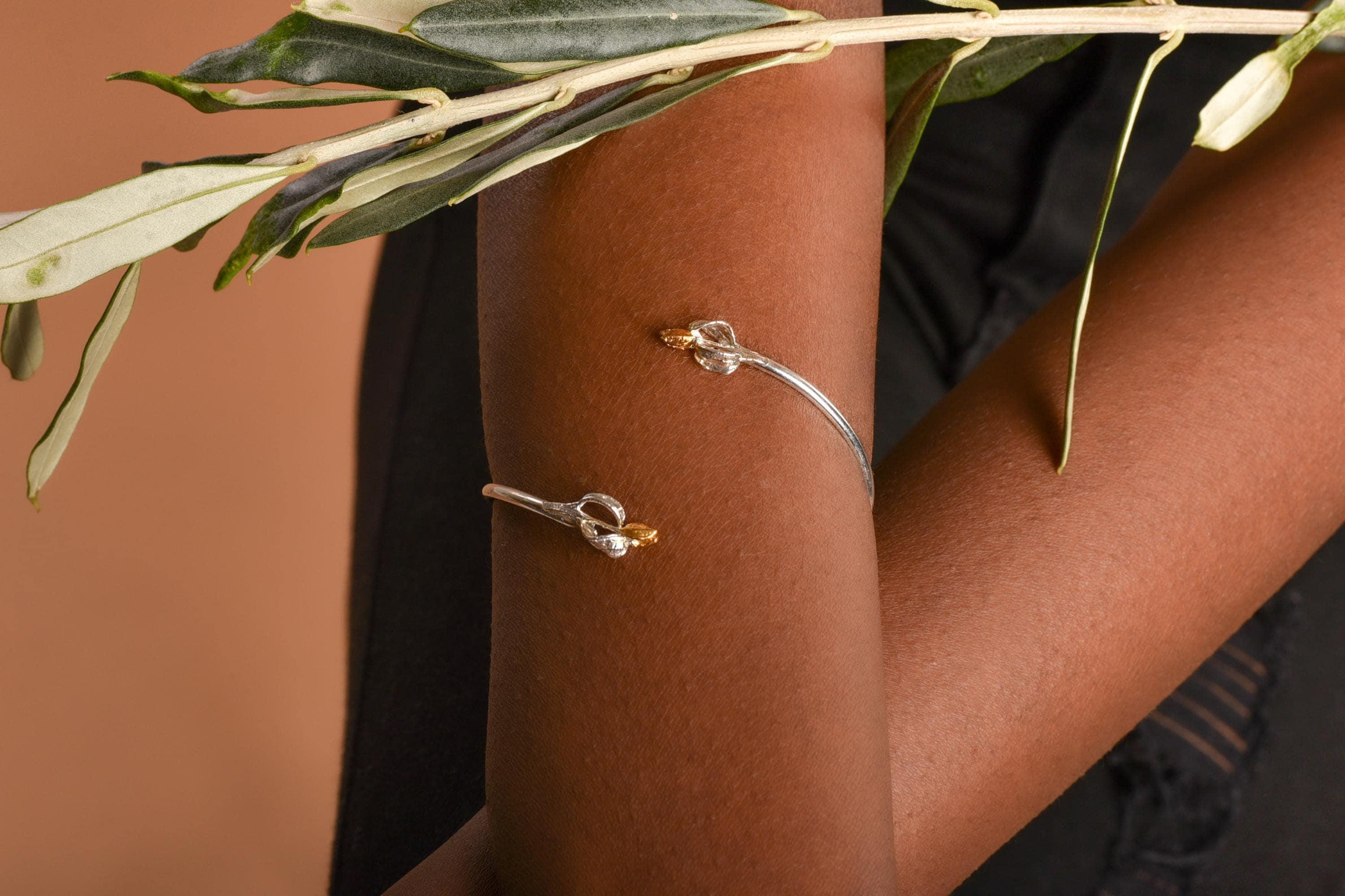 Handmade Olive Leaf and blossom Bracelet for Women. Recycled Sterling Silver 925 Unique and Luxury jewellery.