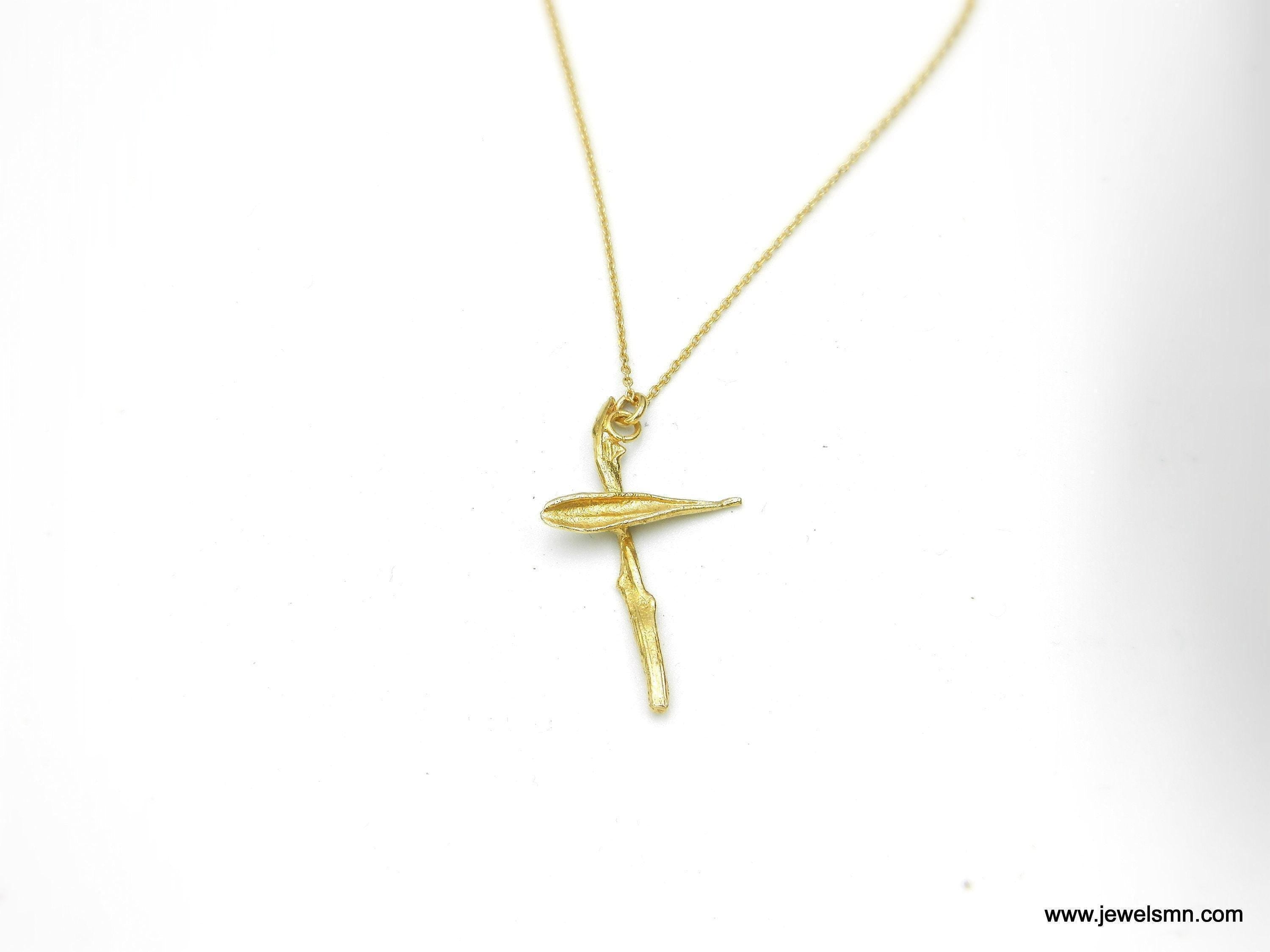 Solid Gold Cross necklace, European Handmade, meaningful religious jewelry, Olive Twig pendant, Modern cross aesthetic Gift