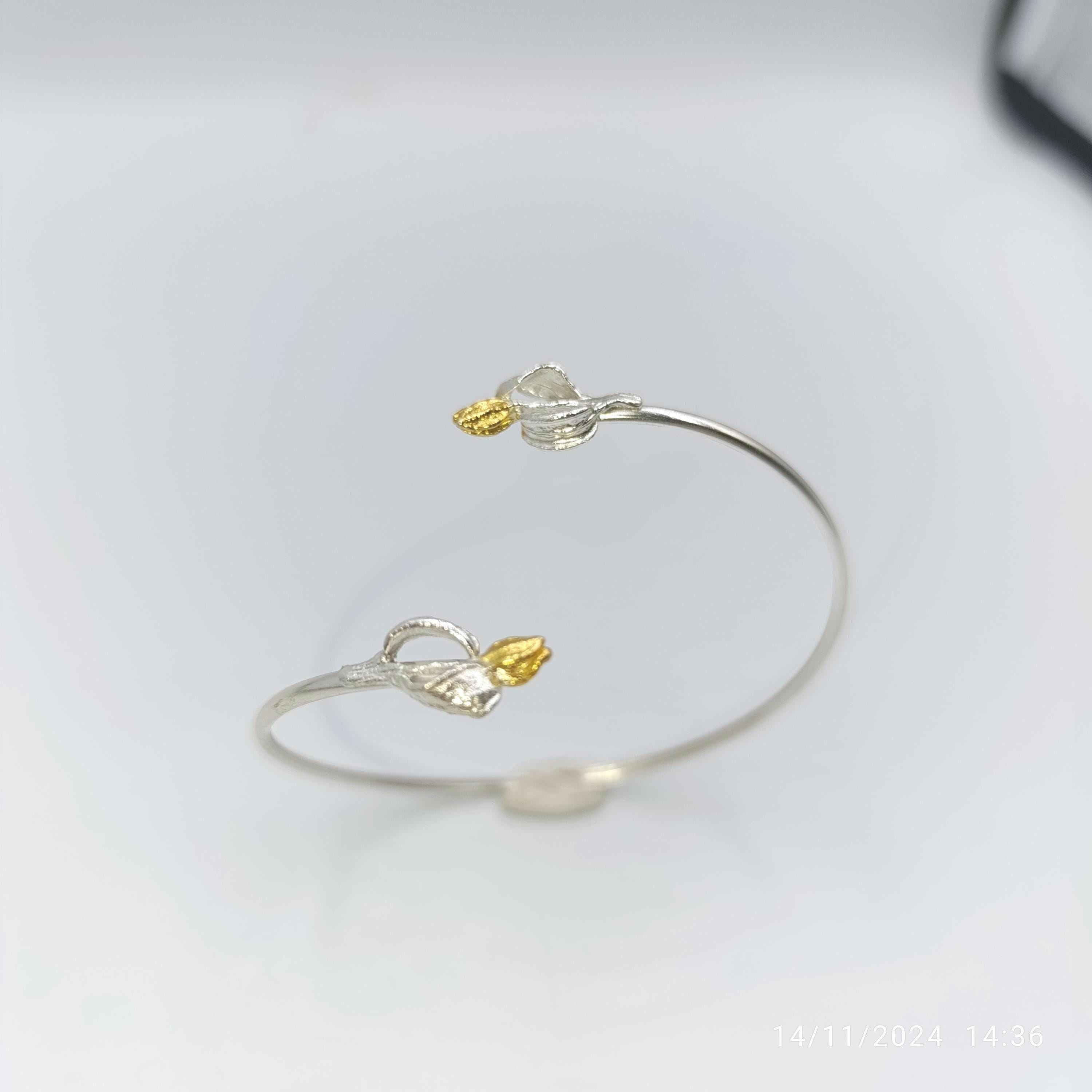 Handmade Olive Leaf and blossom Bracelet for Women. Recycled Sterling Silver 925 Unique and Luxury jewellery.