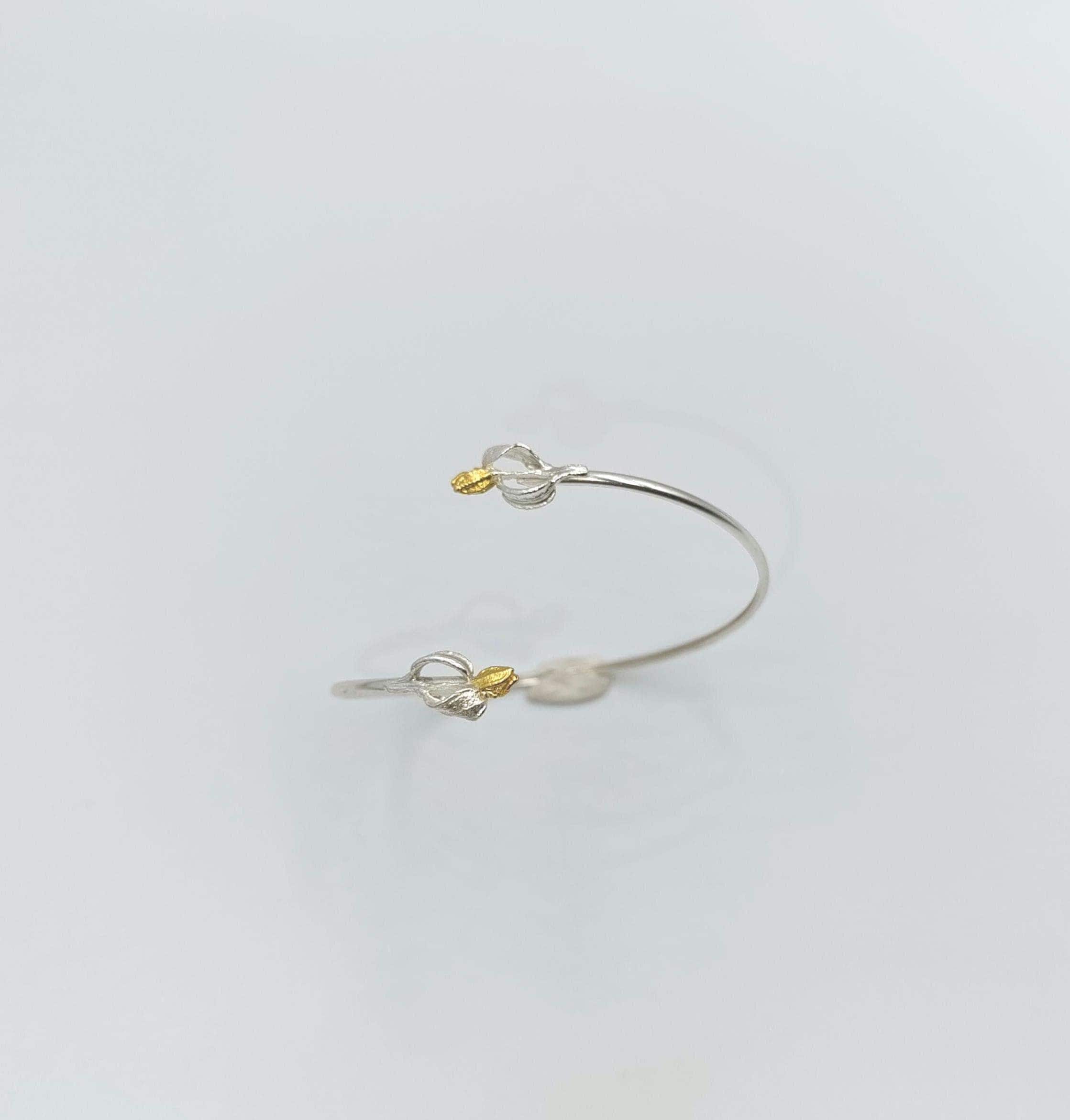 Handmade Olive Leaf and blossom Bracelet for Women. Recycled Sterling Silver 925 Unique and Luxury jewellery.
