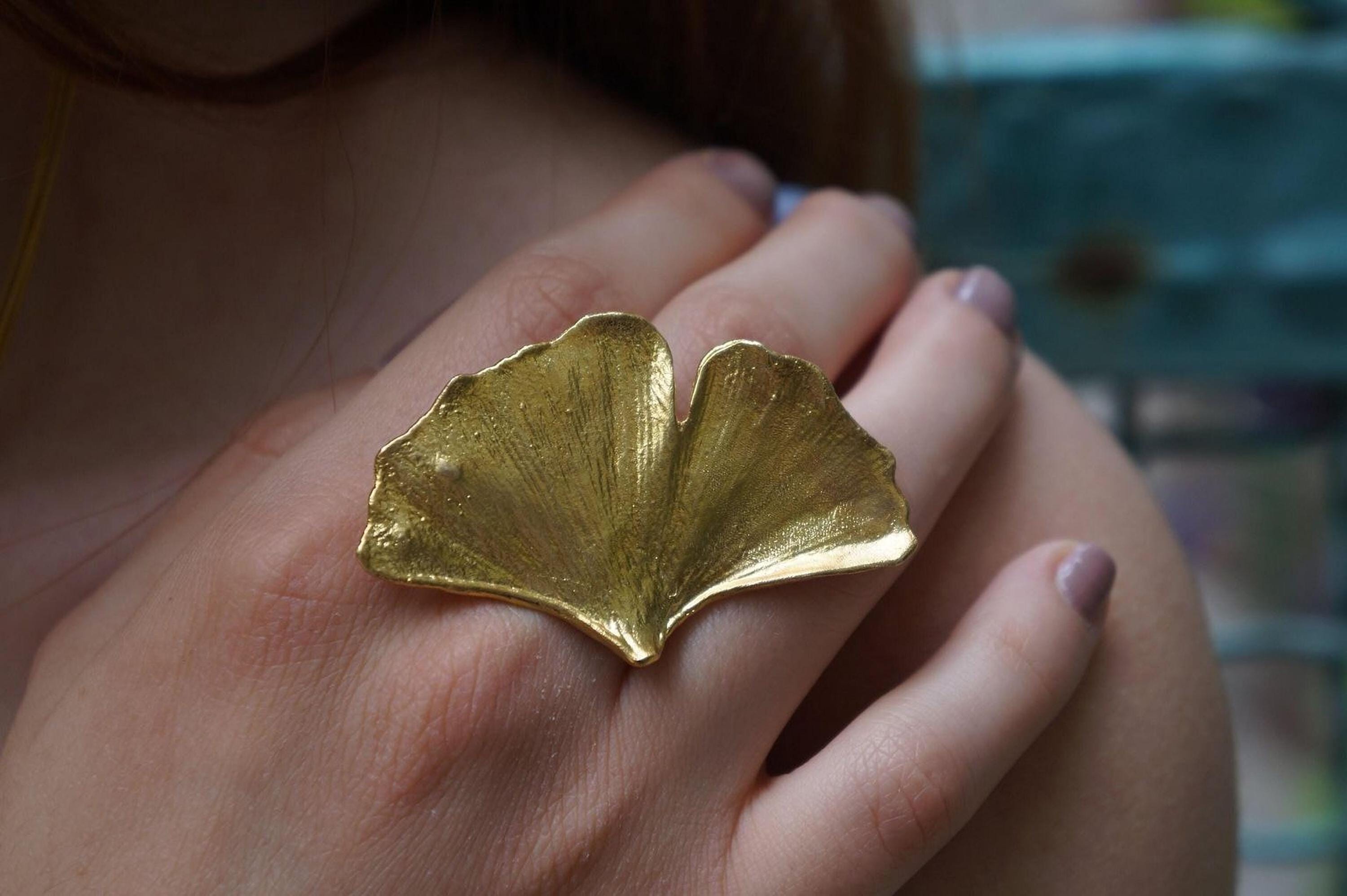 Real Ginkgo Biloba Leaf Ring, 14K Gold Plated Brass Jewelry, Handmade Statement Jewelry Gift for Women, Boho Birthday Gift for Her