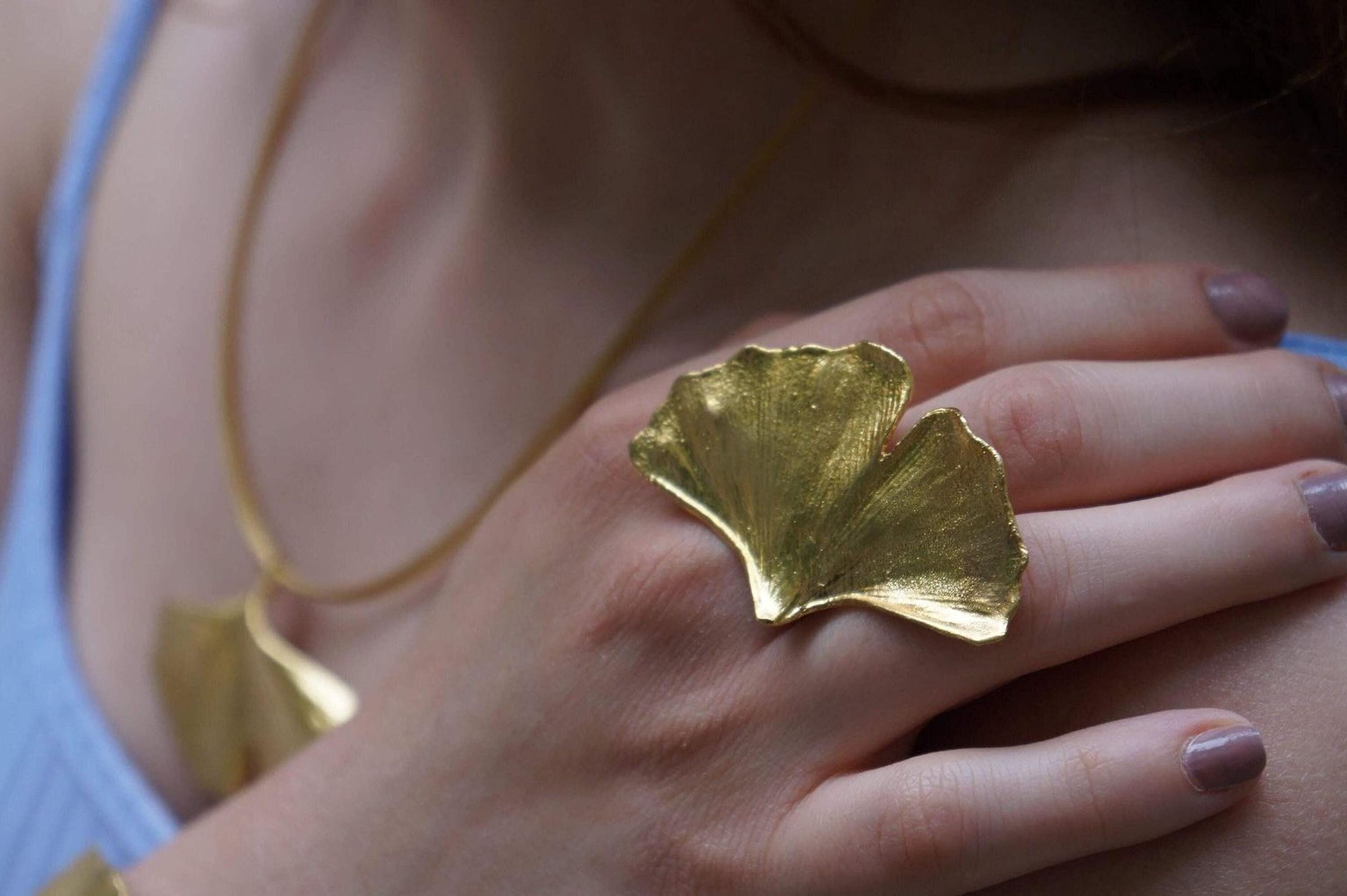 Real Ginkgo Biloba Leaf Ring, 14K Gold Plated Brass Jewelry, Handmade Statement Jewelry Gift for Women, Boho Birthday Gift for Her