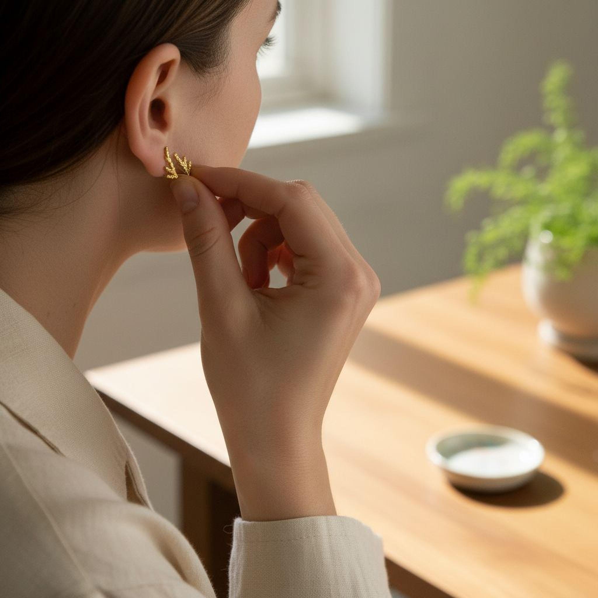 Solid Gold Juniper Branch Studs, Handmade Minimalist Jewelry, Dainty Everyday Earrings for Women, Symbol of Vitality, Real Gold (9K-18K)