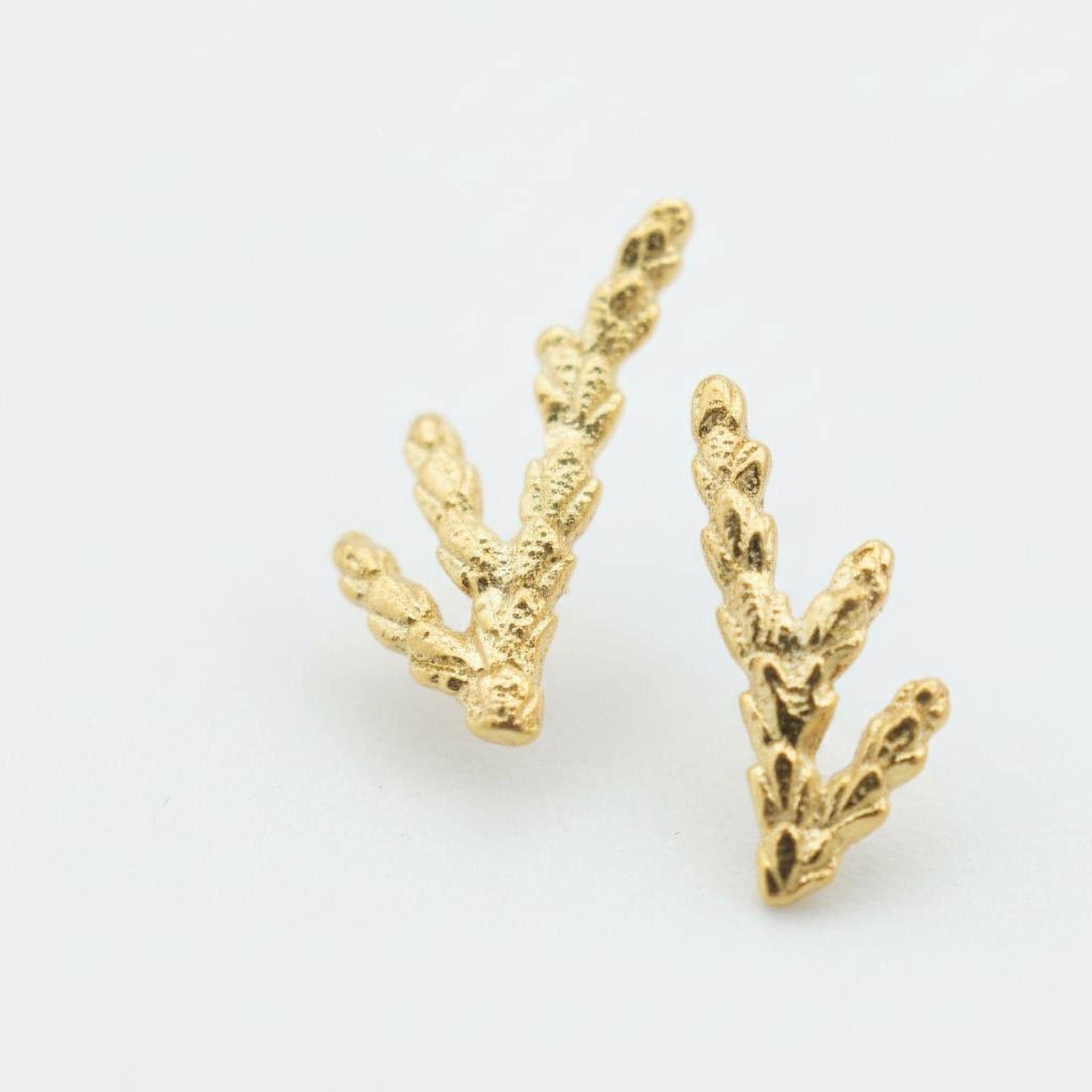 Solid Gold Juniper Branch Studs, Handmade Minimalist Jewelry, Dainty Everyday Earrings for Women, Symbol of Vitality, Real Gold (9K-18K)