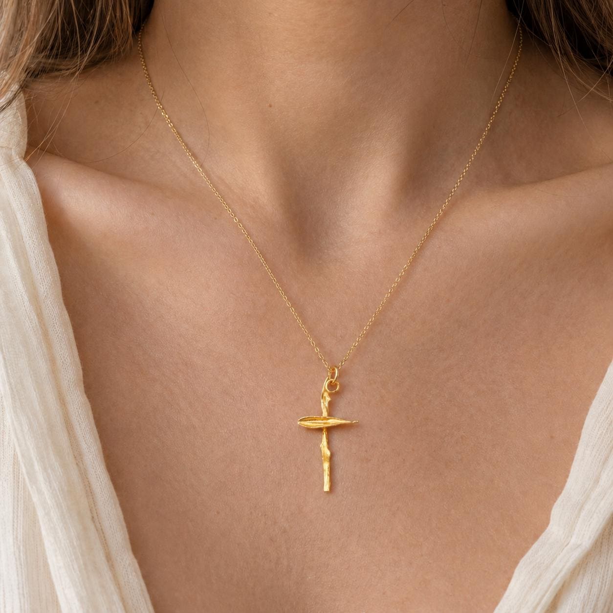 Solid Gold Cross necklace, European Handmade, meaningful religious jewelry, Olive Twig pendant, Modern cross aesthetic Gift