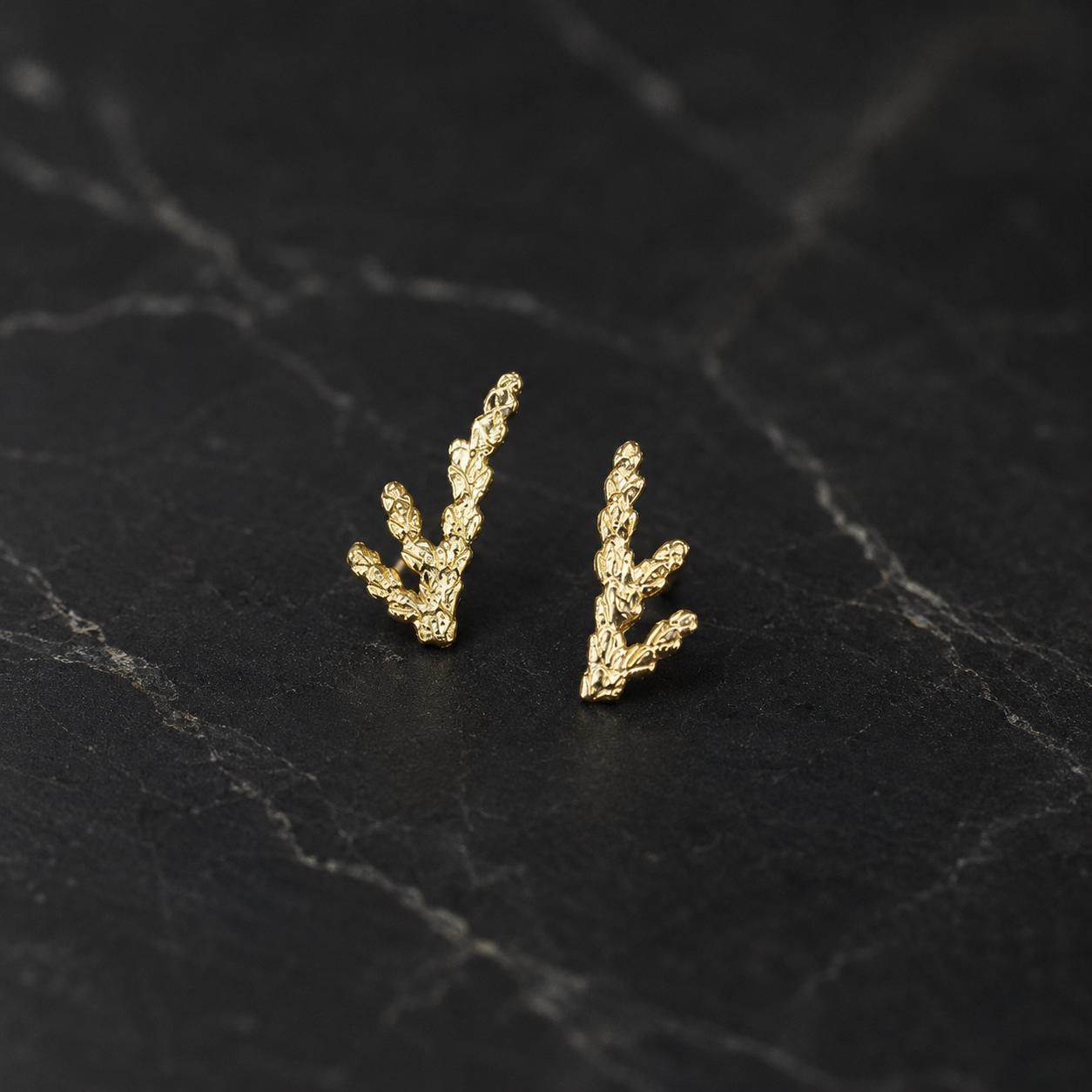 Solid Gold Juniper Branch Studs, Handmade Minimalist Jewelry, Dainty Everyday Earrings for Women, Symbol of Vitality, Real Gold (9K-18K)