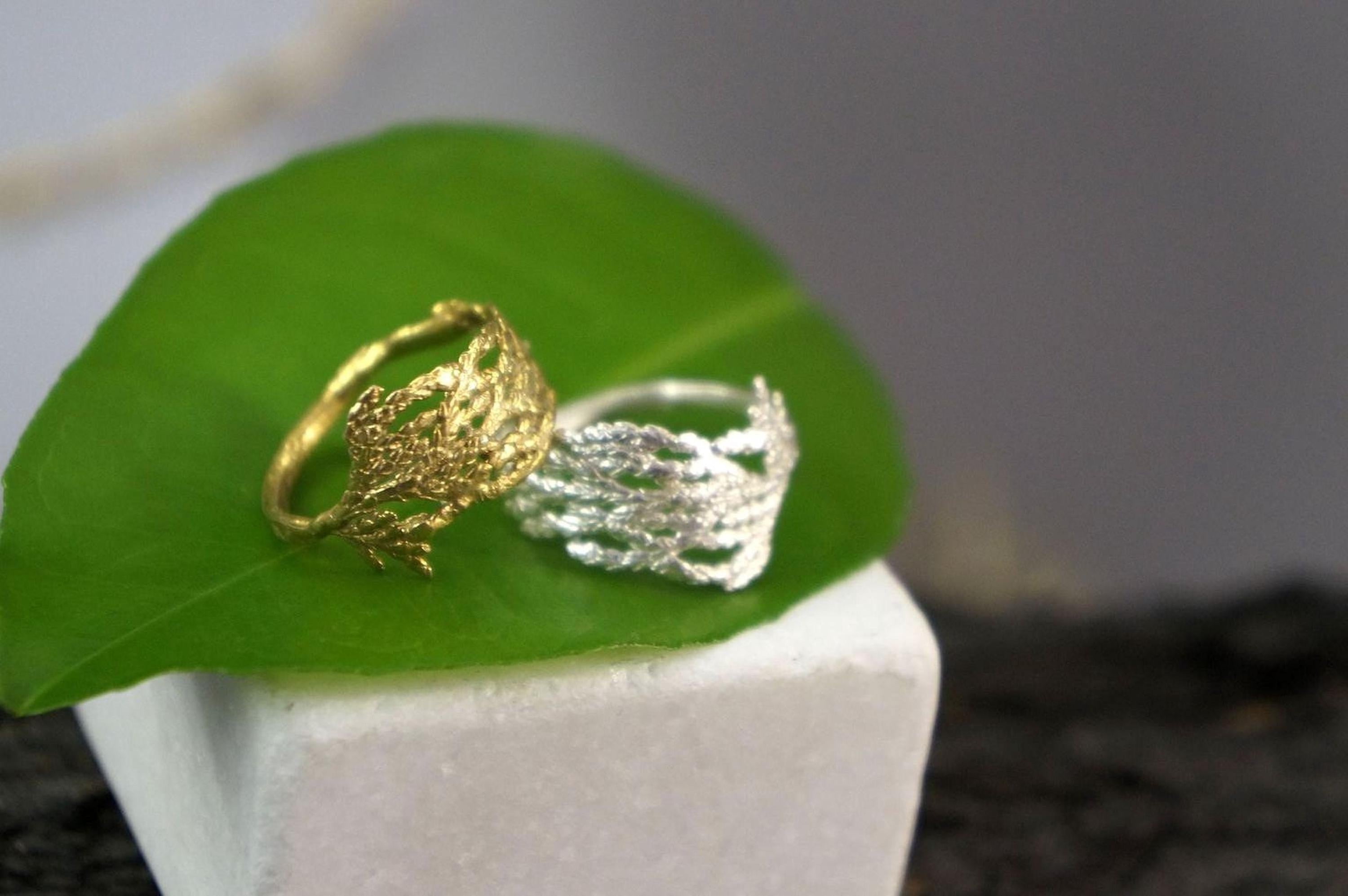 Real Cypress Leaf Ring, Gold Plated on Sterling Silver 925 Jewelry, Handmade Minimalist Jewelry Birthday Gift for Women