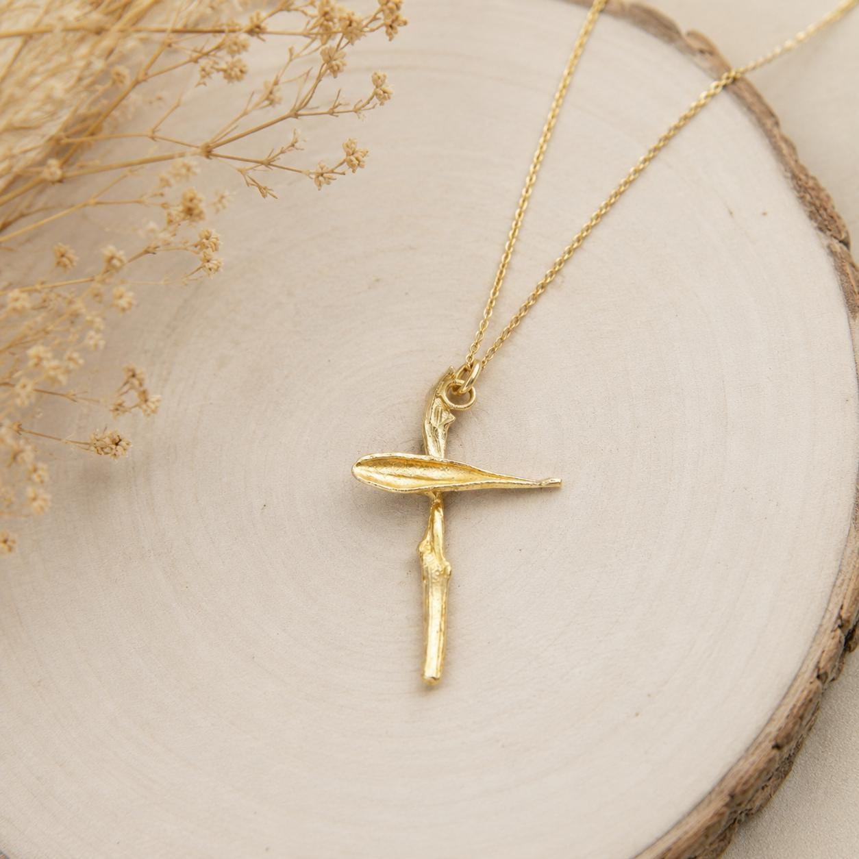 Solid Gold Cross necklace, European Handmade, meaningful religious jewelry, Olive Twig pendant, Modern cross aesthetic Gift